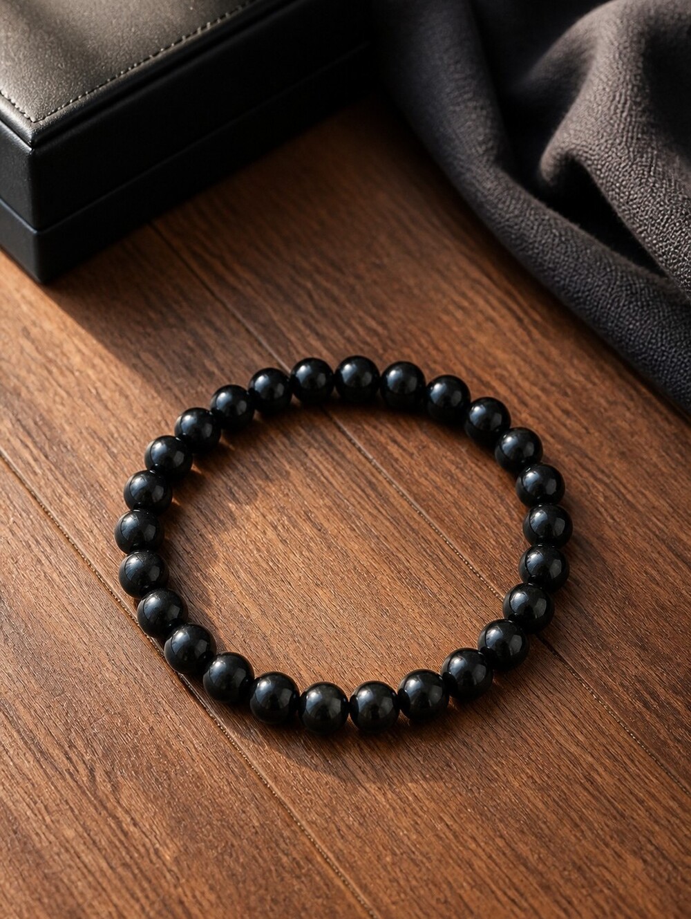 Polished Black Shungite Bead Stretch Bracelet, Men Or Woman 8mm